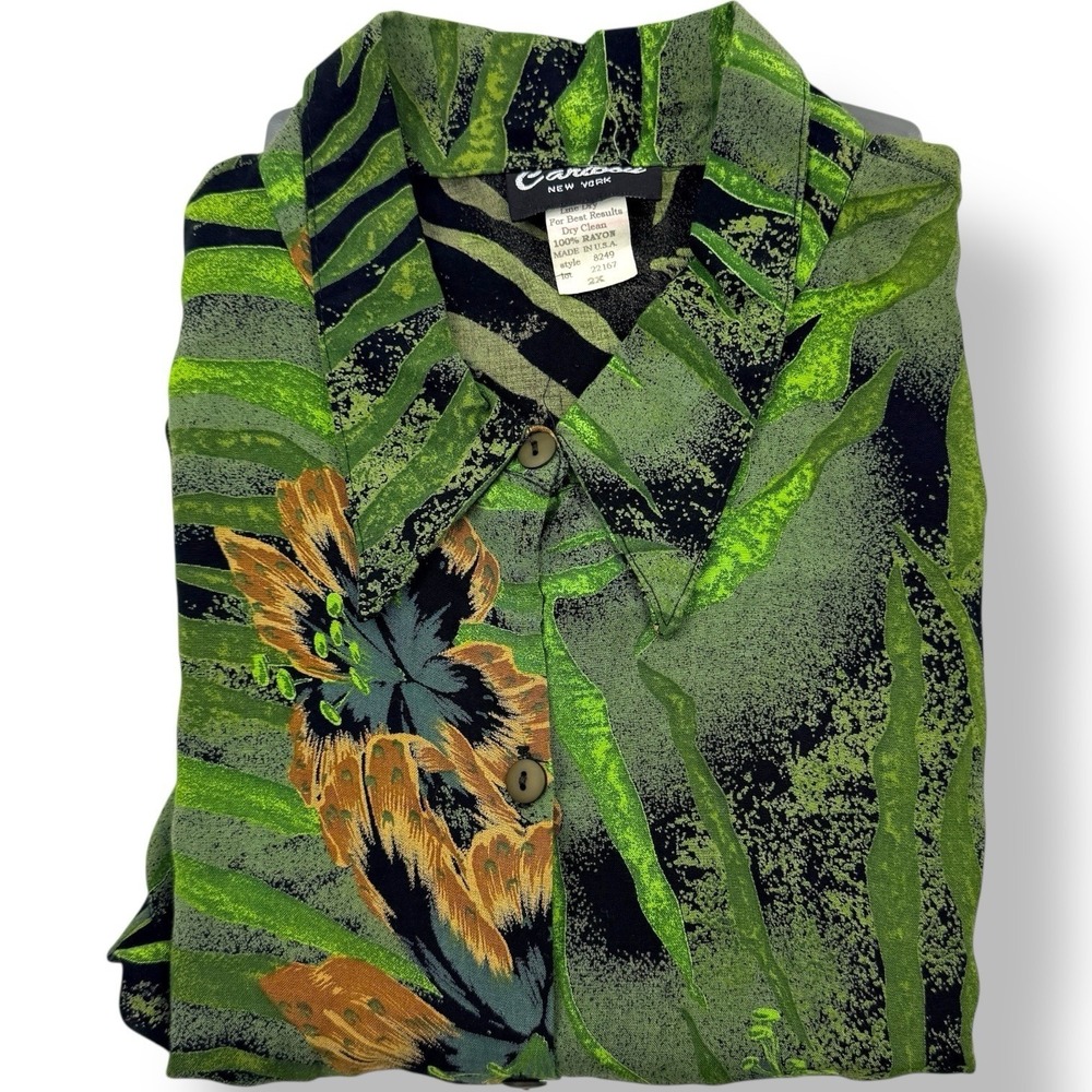 Caribou New‎ York Green Brown Floral Rayon Short Sleeve Blouse 2X Women's